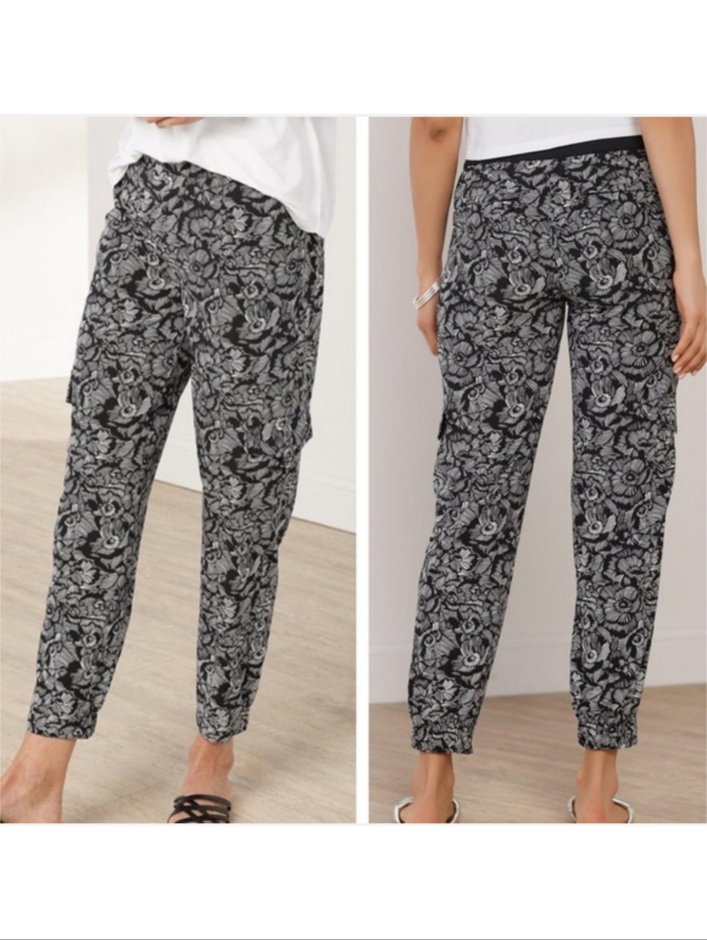 Soft Surroundings Go Lively Floral Cargo Ankle Joggers Black & White Size M